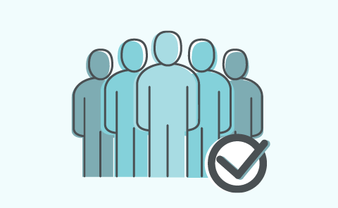 Icon: five people in a group with a checkmark in a circle in the lower right-hand corner